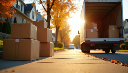 Naklejka premium Cardboard boxes stacked on sidewalk next to moving truck parked on sunny suburban street. Brown parcel containers wait for loading during house relocation process. Residential neighborhood road