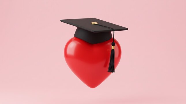 Red heart shape wearing a black graduation cap on a pink background with graduation education academic