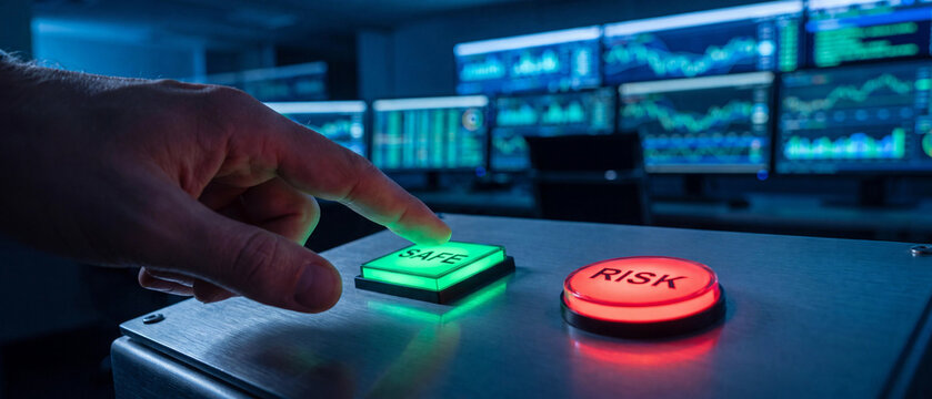 Hand choosing a safe green button over a red emergency stop in a cybersecurity control room, symbolizing risk management and critical decision making
