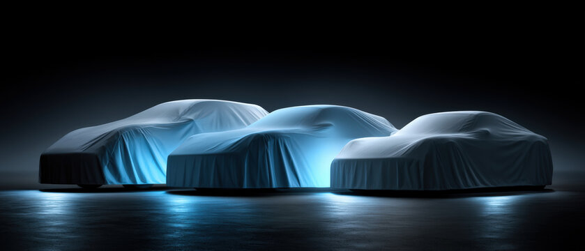 Three Cars Covered with Covers Illuminated by Neon Blue Lighting