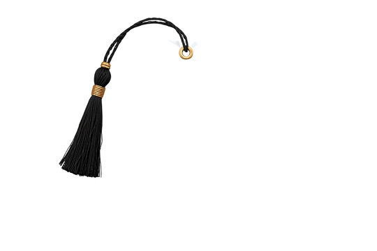 Black and gold decorative tassel featuring a wrapped cord and small loop, used as an elegant accessory or ornament, transparent background