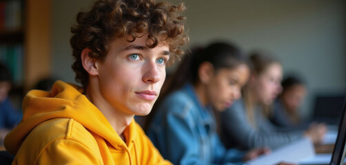 Fototapeta premium Young male student listens to lecture in university classroom. Curly haired teen guy sits at desk during college computer science seminar. Focused learner thinks about education course choice, future