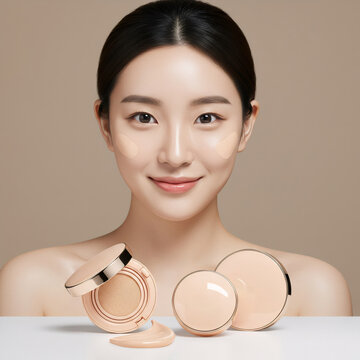 Asian woman applying cushion foundation on face with cosmetic product packaging mockup. Beauty model showing korean facial makeup routine. Skin care and grooming concept for advertising.