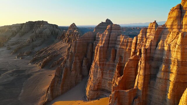 Aerial view of majestic yardang landform rock formations in Xinjiang desert illuminated by warm golden sunlight during sunset.