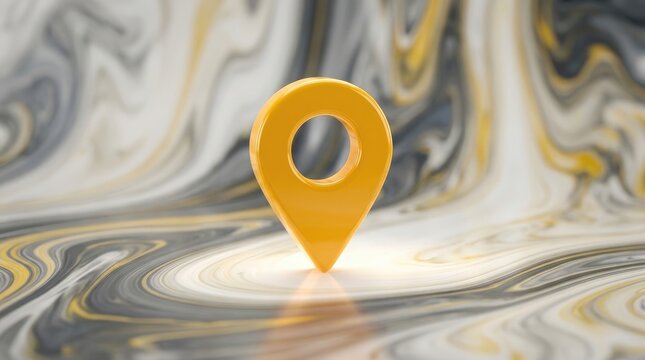 Golden location pin on abstract fluid marble background 3d render for business and travel concepts