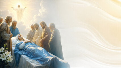 Obraz premium Dormition of the Mother of God with apostles and Jesus Christ descending from heaven in divine light. Religious scene depicting the assumption of the Virgin Mary. Biblical belief imagery.