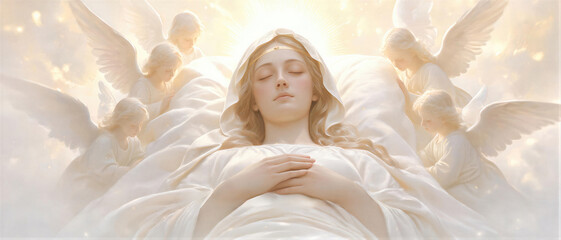 Obraz premium Virgin Mary lying with eyes closed surrounded by angels. Dormition of the Mother of God scene. Religious art depicting ascension and divine transition. Spiritual faith concept. Banner with copy space