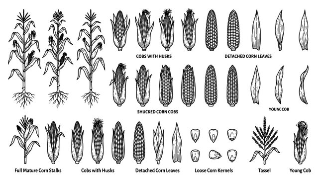 Set of corn plant elements including mature stalks, cobs with husks, shucked corn, kernels, leaves and tassels in a detailed hand drawn engraving style