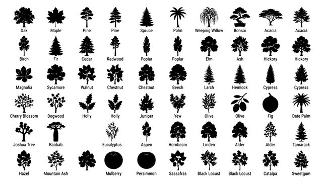 Set of various tree icons and plant silhouettes including oak, maple, pine, and palm trees for forest and botanical design