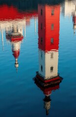 Fototapeta premium Red and white lighthouse reflected in calm blue water. Nautical landmark stands on pier. Maritime building mirrors in rippling sea. Coastal structure in Scandinavian port. Summer day water scene.
