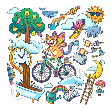 Whimsical Surreal Cartoon Doodle Collection with Flying Cat and Magical Objects