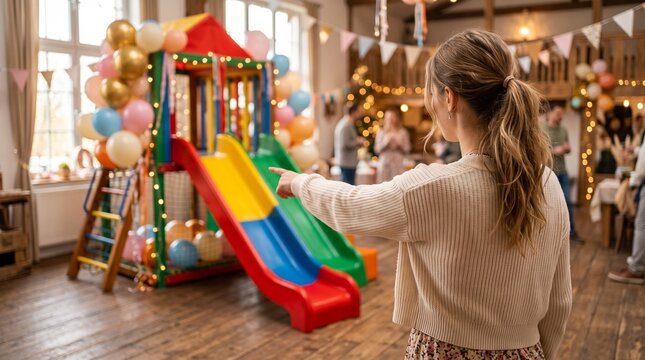 Woman pointing at colorful playground slide at indoor party with balloons and lights