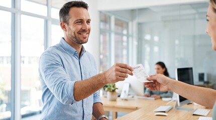 Fototapeta premium Smiling man receives a receipt from a colleague at a modern office reception desk