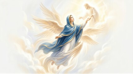 Obraz premium Virgin Mary ascending into heaven with angel wings to meet Jesus Christ. Representation of the Dormition of the Mother of God, christian religious art, spiritual ascension scene.