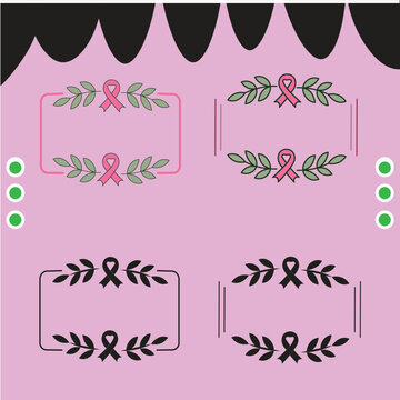 A collection of breast cancer awareness frames and ribbons featuring pink and black decorative borders with supportive ribbon symbols and leaves.