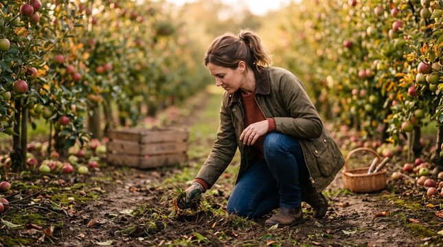 Woman farmer tending to plants in an apple orchard during autumn harvest season