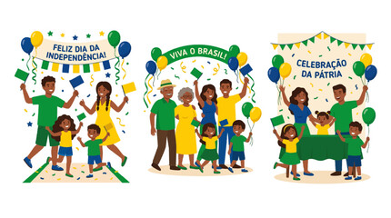 Fototapeta premium Brazilian families celebrate Independence Day with flags balloons and confetti on transparent background