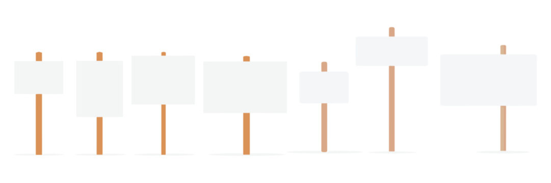 Picket sign icon with protest placards, demonstration banners, blank sign boards, wooden holders, activism and public campaign symbols