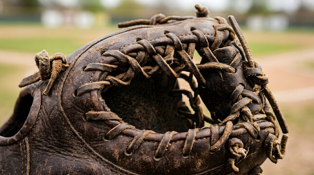 Worn leather baseball glove with lacing detailed close up against a blurred field backdrop