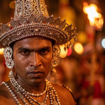 Intense portrait of a traditional Kandyan dancer in ornate headdress during the Esala Perahera night procession in Kandy, Sri Lanka