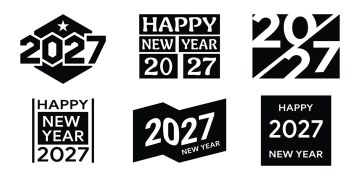Happy new year 2027 bold geometric block typography design set with negative space style.