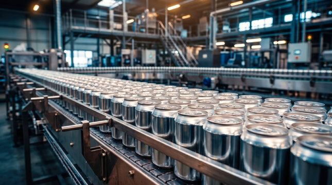 Workers operate machinery as cans travel on a conveyor belt in a factory. The setup shows a large-scale canning process. Equipment is positioned throughout the space