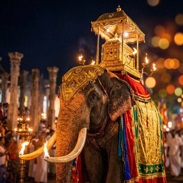 Majestic decorated elephant carrying the sacred relic casket during the Esala Perahera night procession in Kandy, Sri Lanka, a vibrant cultural and religious festival.
