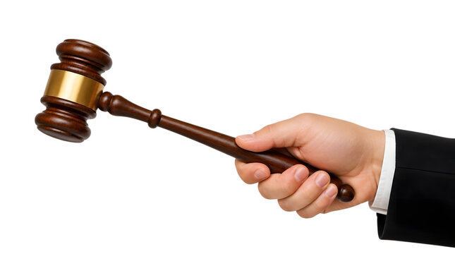 Hand holding a wooden judge gavel. Legal auction hammer isolated on transparent background.