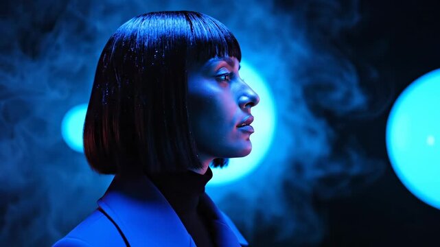 Fashion model with bob haircut in blue neon light. Woman profile portrait in dark studio with smoke. Neon glow illuminates model face. Blue light and fog create futuristic mood. Stylish woman posing.
