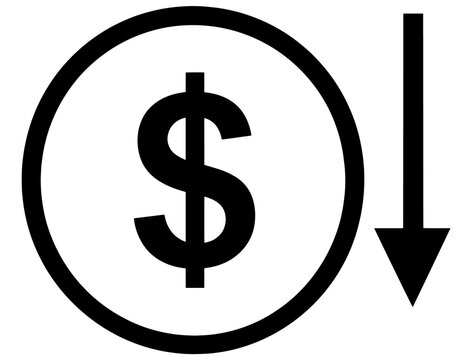 Dollar coin icon with downward arrow representing price decrease devaluation business