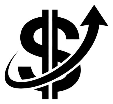 Black and white icon of a dollar sign symbol with an arrow sweeping upwards to show financial growth