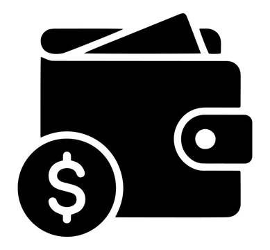 Icon of a wallet with a dollar sign coin representing personal finance and savings management, currency