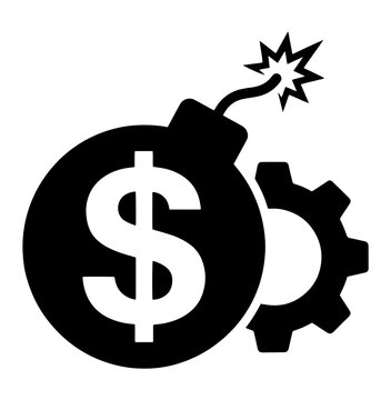 Exploding financial bomb symbol with burning fuse and gears representing economic market volatility