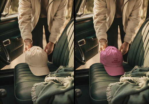 Close-up of Hat in Vintage Car Mockup