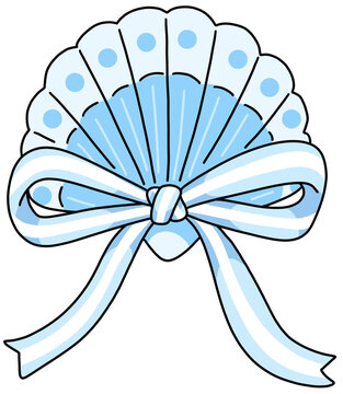 Blue seashell ornament decorated with a ribbon bow in a charming hand-drawn illustration style. PNG clipart isolated on a white background.