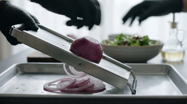 Chef in black gloves slicing red onion with mandoline slicer for salad preparation in kitchen.