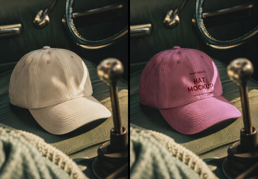 Close-up of Hat in Vintage Car Mockup