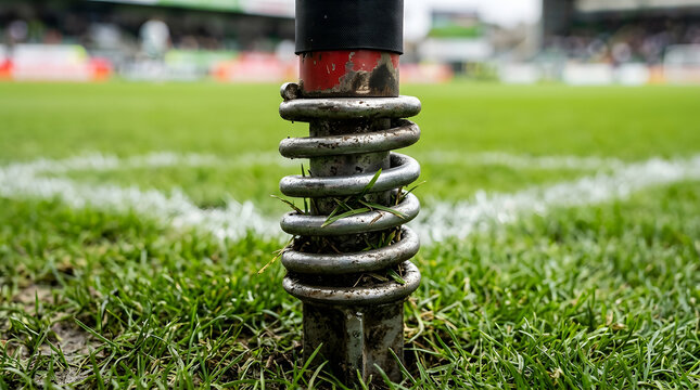 Coiled spring detail on a soccer goalpost close up photography with blurred stadium background