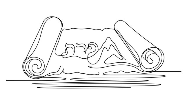 Ancient unrolled scroll with Hebrew letters. Old Testament prophets biblical theme. Continuous line drawing vector illustration