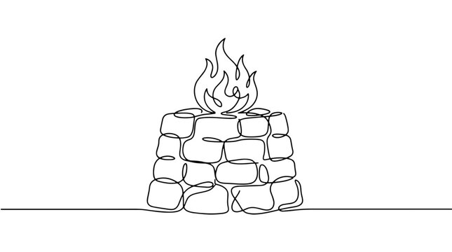 Ancient stone altar with burning fire flame. Continuous line art biblical concept vector illustration