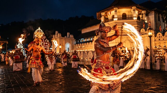 Kandyan fire dancers performing during the Esala Perahera festival at night, with an illuminated elephant and the Temple of the Sacred Tooth Relic in Kandy, Sri Lanka