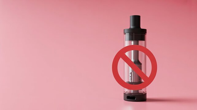 Clear glass vape tank with red prohibition symbol on pink background, vaping e-cigarette