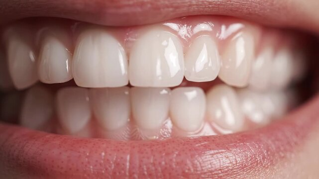 Closeup of a bright white human smile showing healthy teeth and gums, dental care and oral hygiene concept