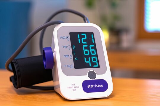Close-up of a white digital pressure monitor with blue illuminated display showing readings digital device