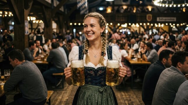 Smiling woman wearing traditional dirndl holding large glass beer mugs in a crowded rustic tavern