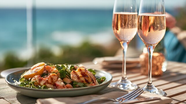 A luxury resort terrace lunch scene with grilled peach salad served beside sparkling beverages overlooking a blurred coastal backdrop