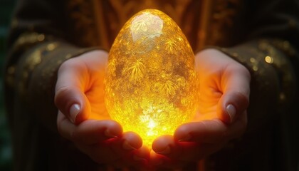 Obraz premium Person holds glowing golden egg in cupped hands. Shiny treasure artifact with leaf patterns shines bright in dark setting. Magical object radiates light warmth. Fantasy relic provides sense mystery