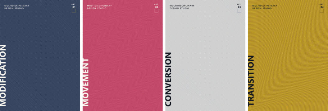 Minimalist typography banners featuring modification, movement, conversion, and transition text labels for business process mapping, change management strategies