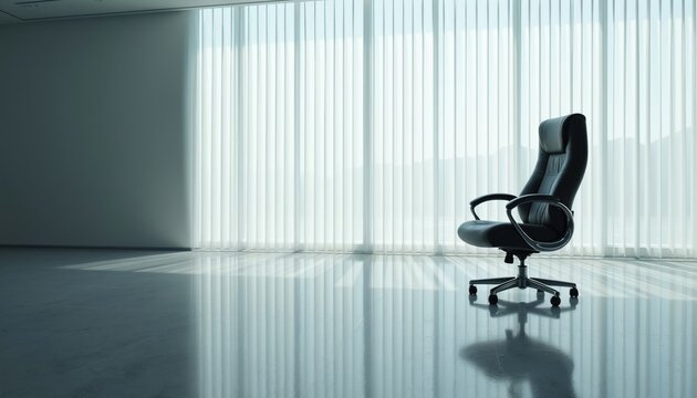 Empty black office chair sits in bright modern boardroom. Large window with white blinds lets natural light flood floor. Concept of corporate executive resignation leadership transition career change