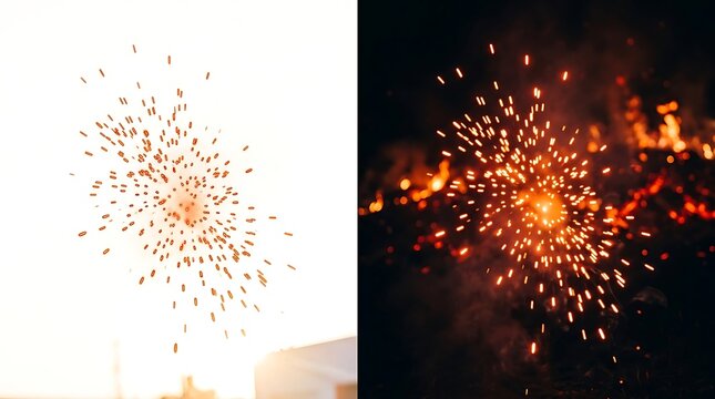 Bright orange firework explosion with glowing light sparks bursting in the dark night sky